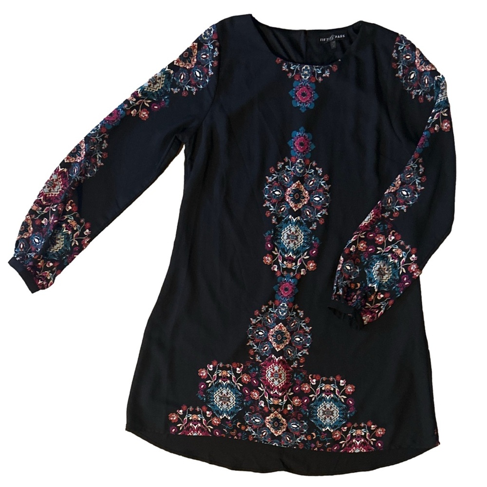 Fifth & Park Black Floral Long Sleeve Dress M